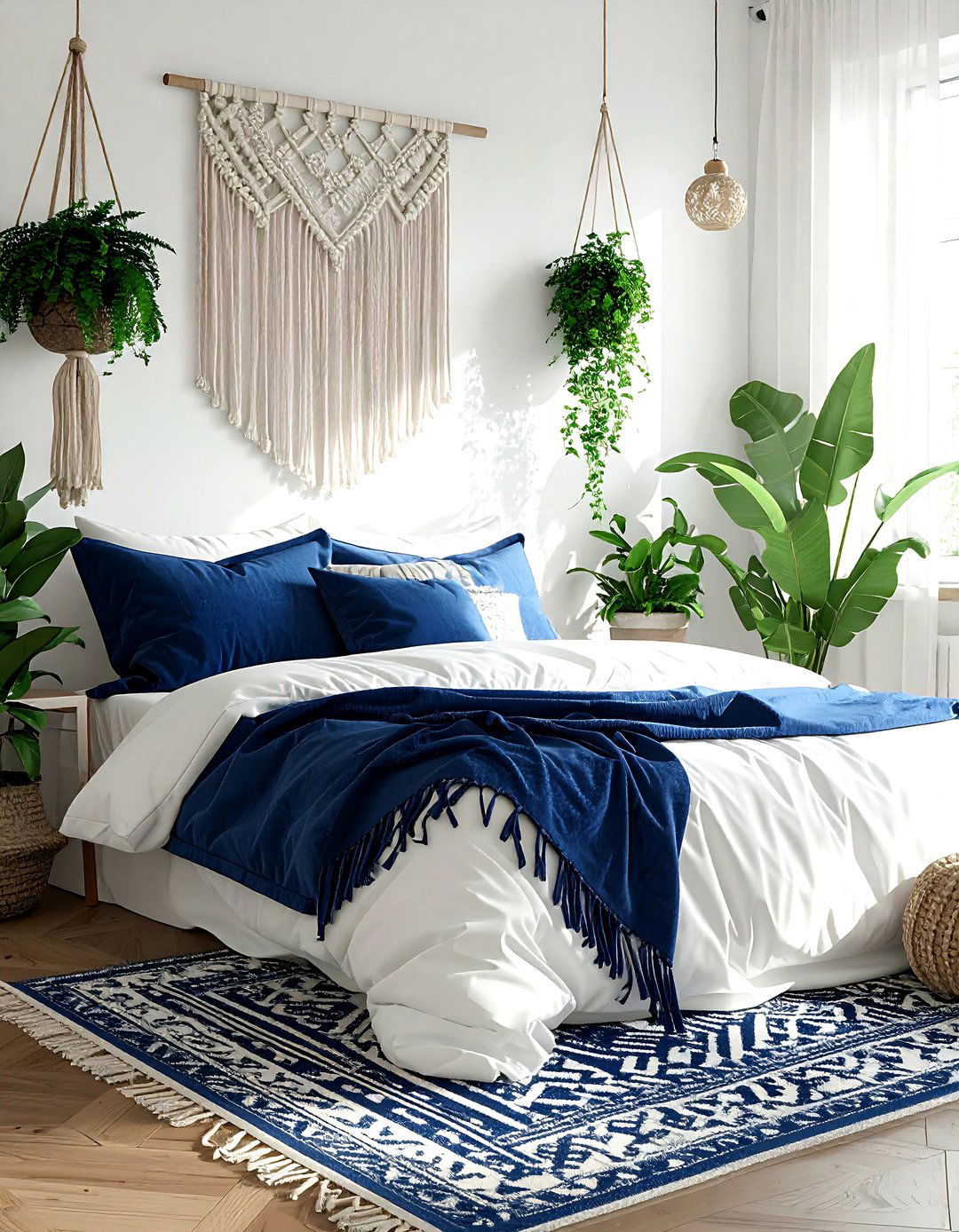 Navy and white boho bedroom - 30 navy and white bedroom ideas