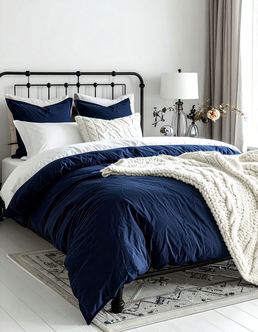 Navy and white farmhouse bedding - 30 farmhouse navy bedroom ideas