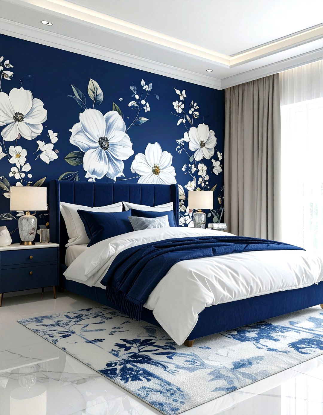 Navy and white floral bedroom - 30 navy and white bedroom ideas