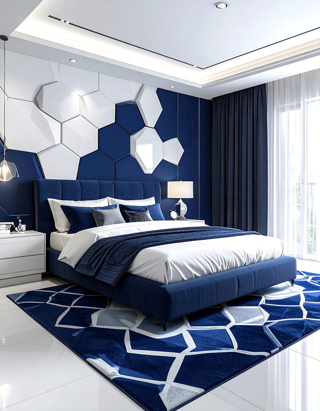 Navy and white geometric bedroom - 30 navy and white bedroom ideas