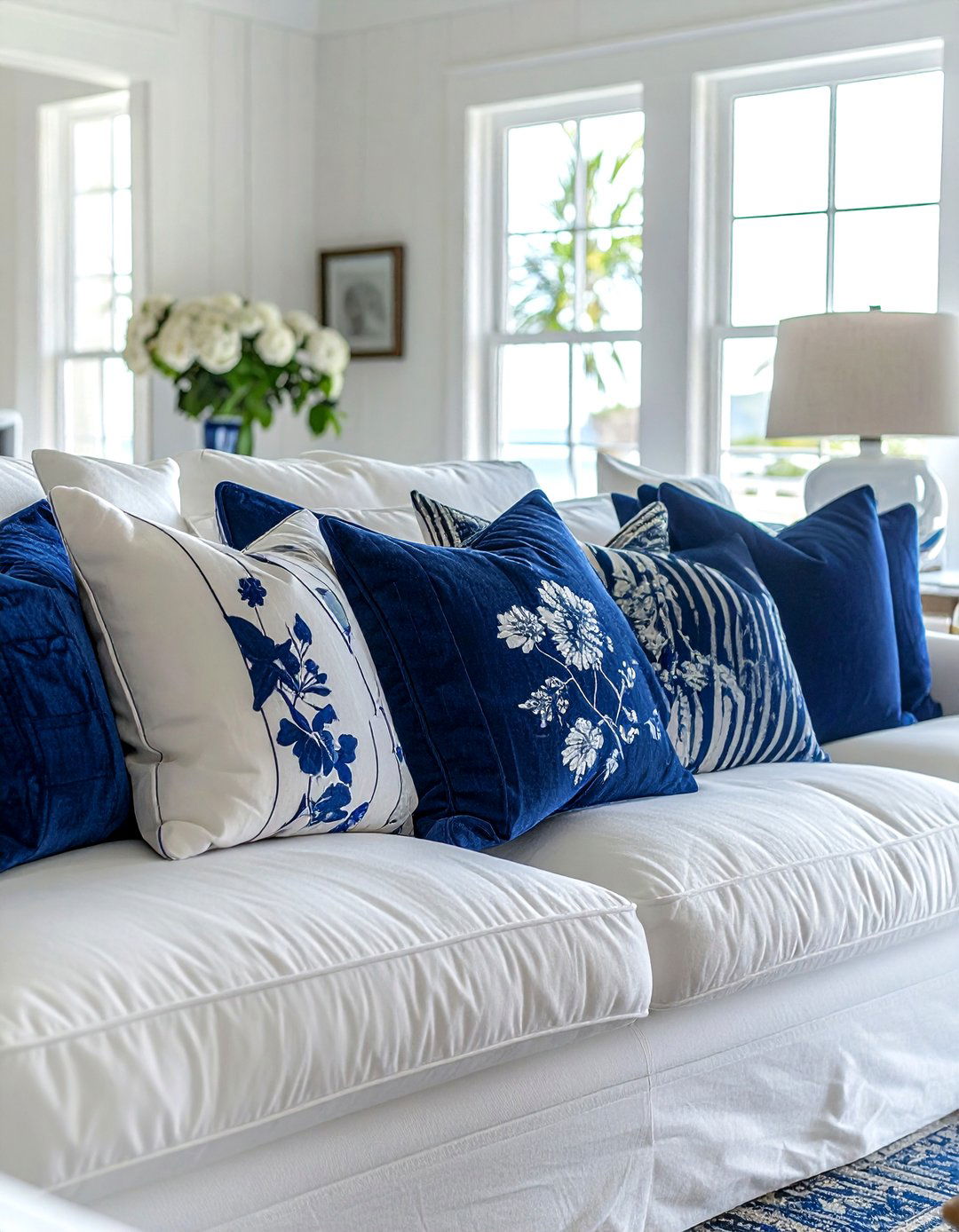 Navy and white pillow combination - 30 pillow mix ideas