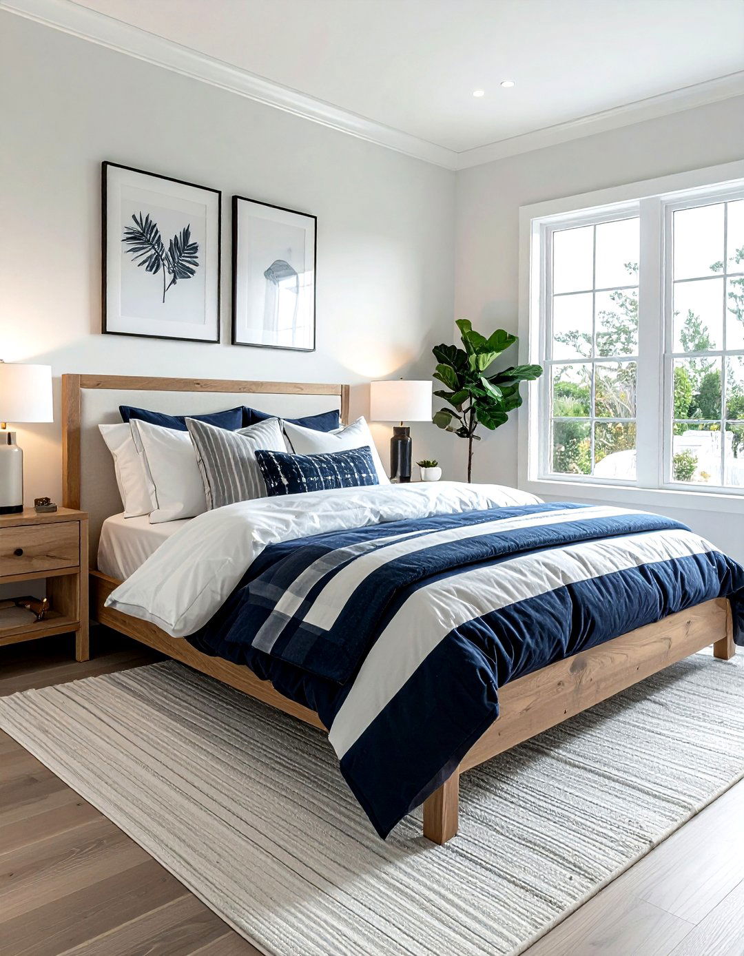 Navy and white striped bedding - 30 coastal navy bedroom ideas
