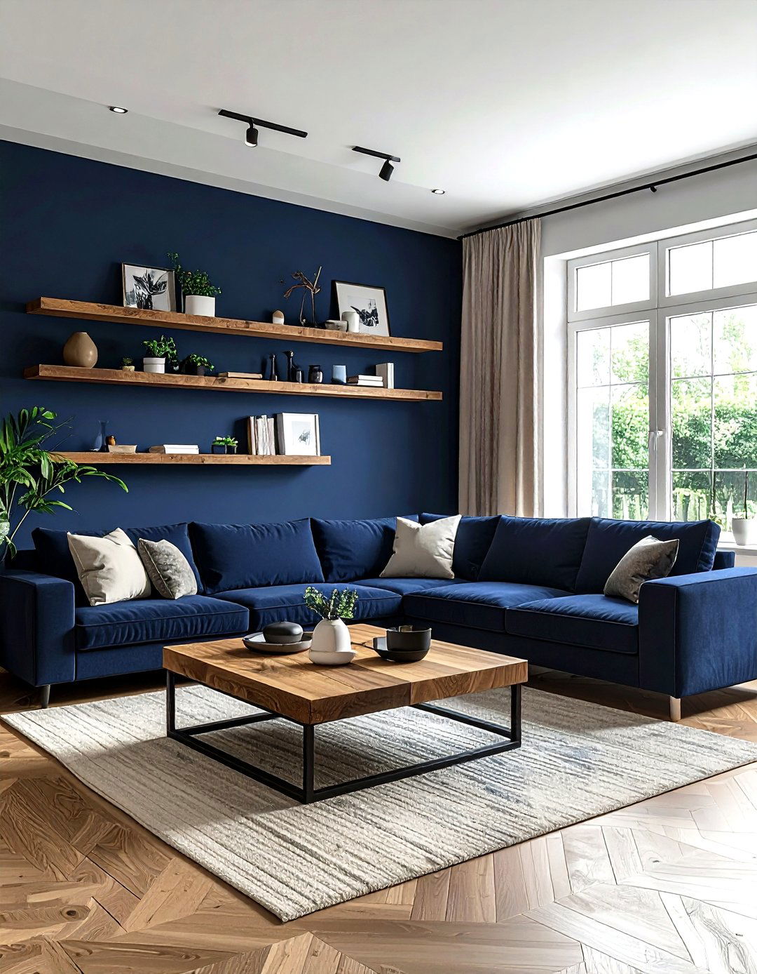 Navy and wood living room - 30 modern navy living room ideas