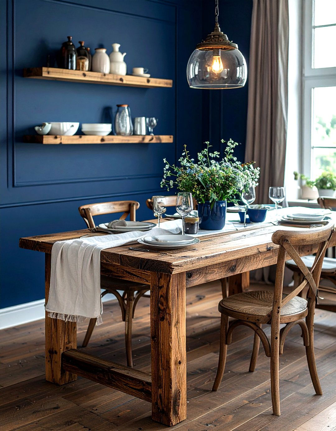 Navy and wood table - 30 navy dining room decor ideas