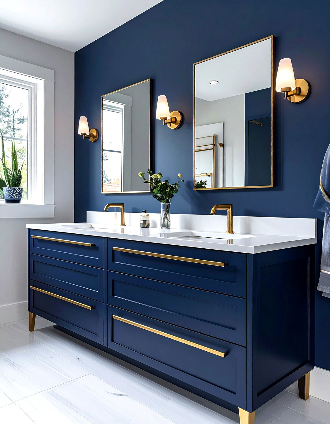 Navy bathroom cabinet gold pulls - 30 navy and gold bathroom ideas