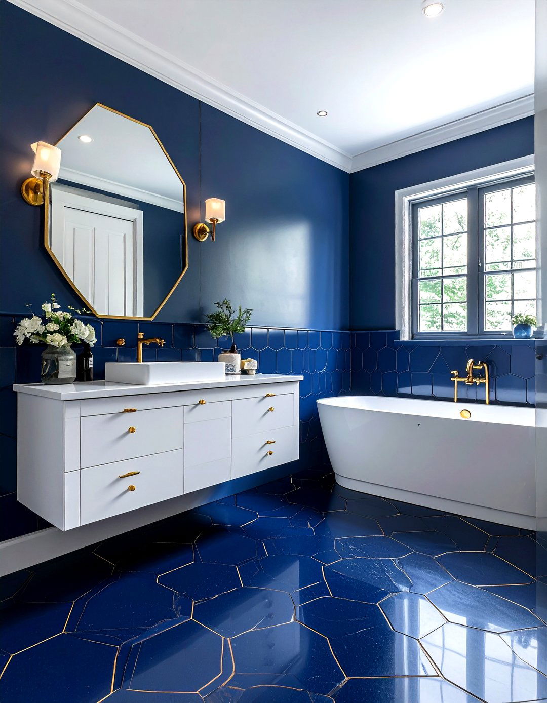 Navy bathroom floor tile - 30 navy gold bathroom ideas