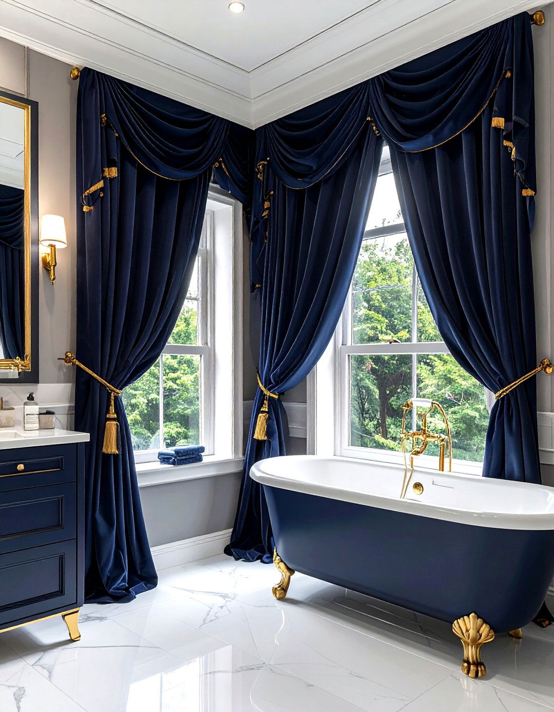 Navy bathroom window curtains - 30 navy gold bathroom ideas