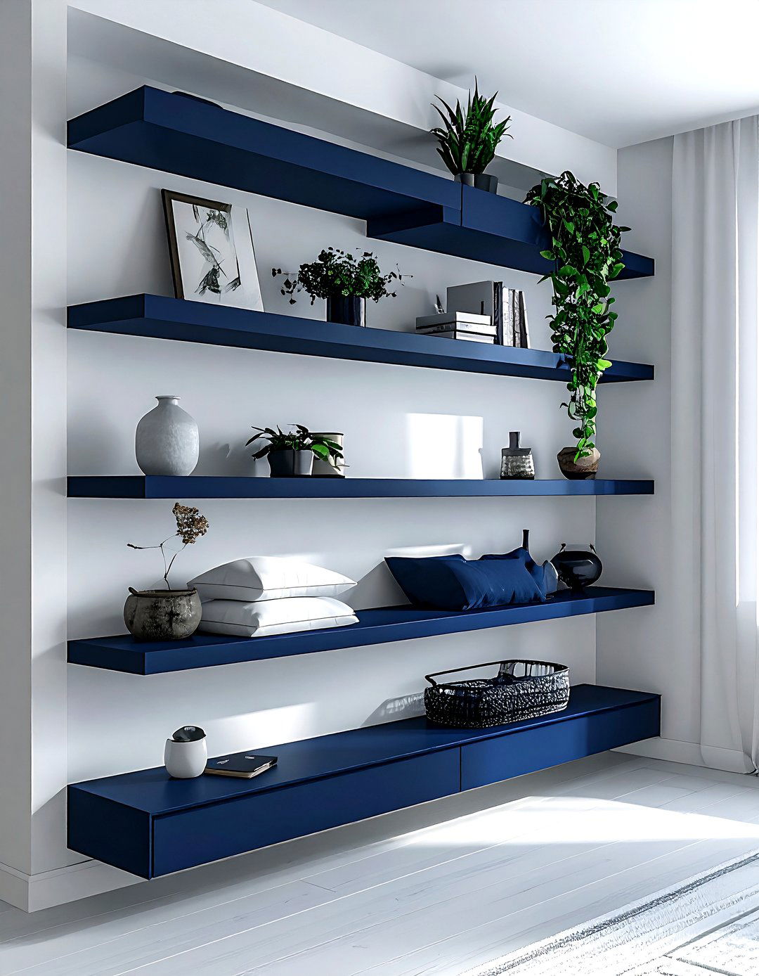 Navy bedroom floating shelves - 30 minimalist navy bedroom ideas