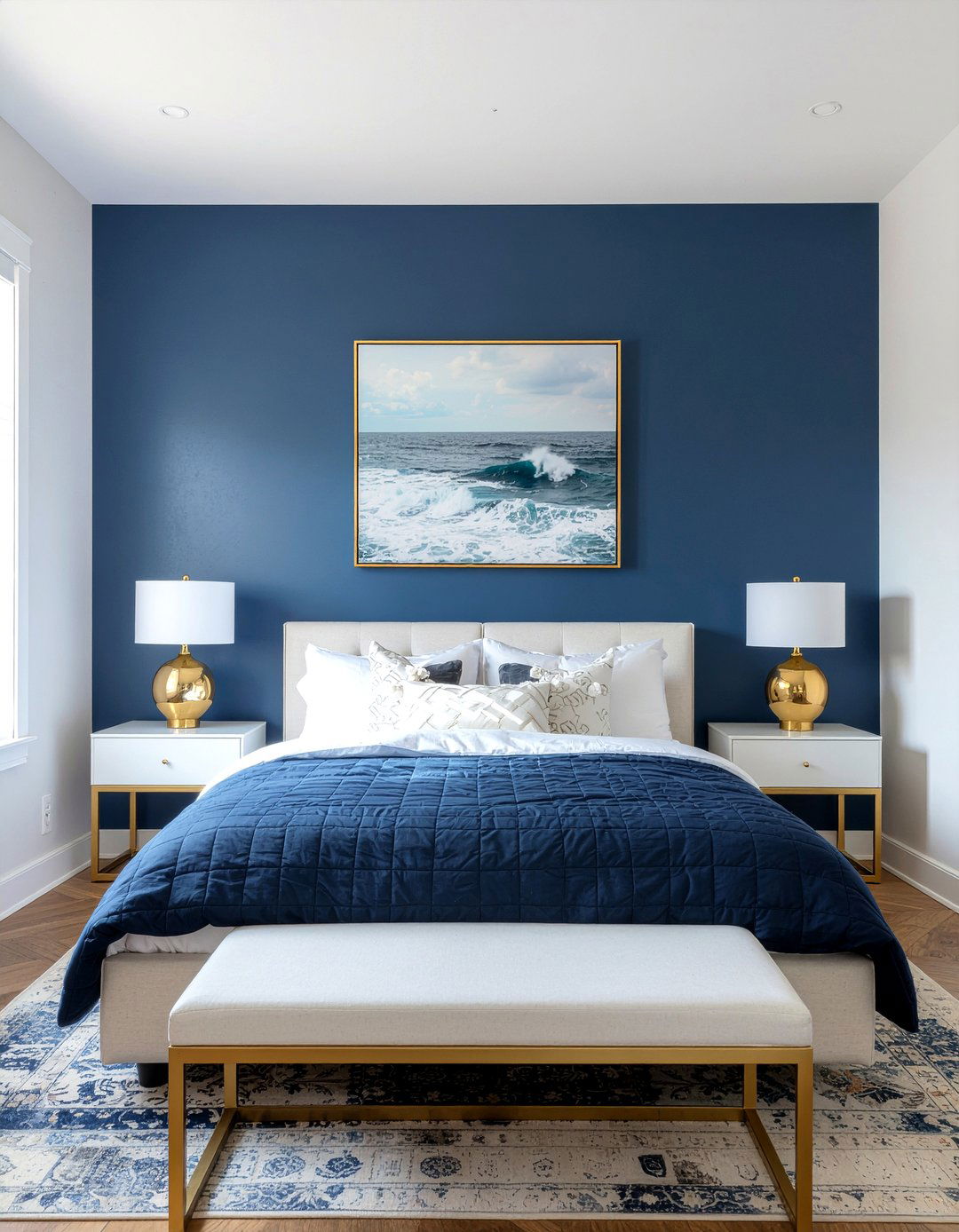 Navy blue accent wall - 30 navy and gold bedroom ideas