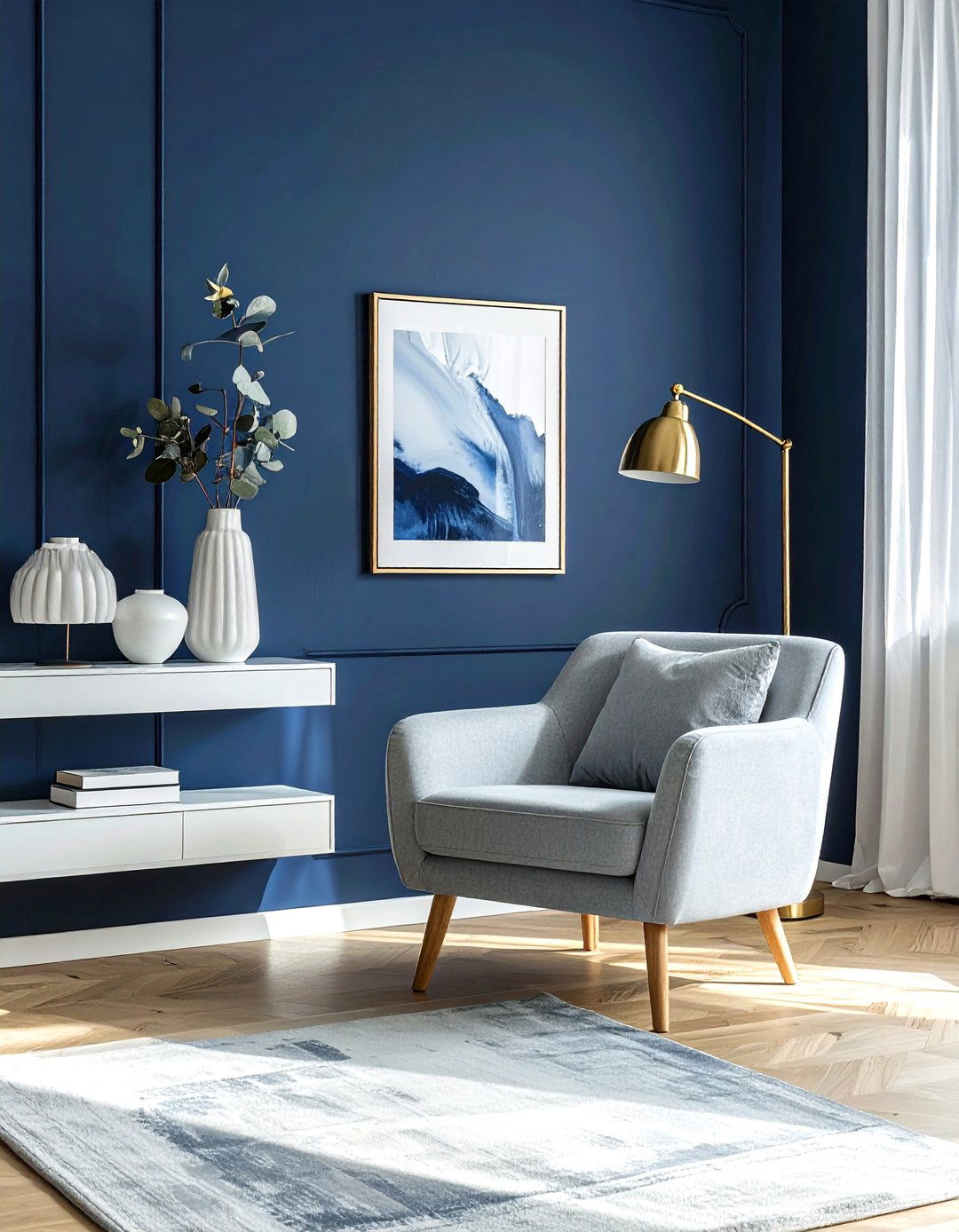 Navy blue accent wall - 30 navy living room ideas