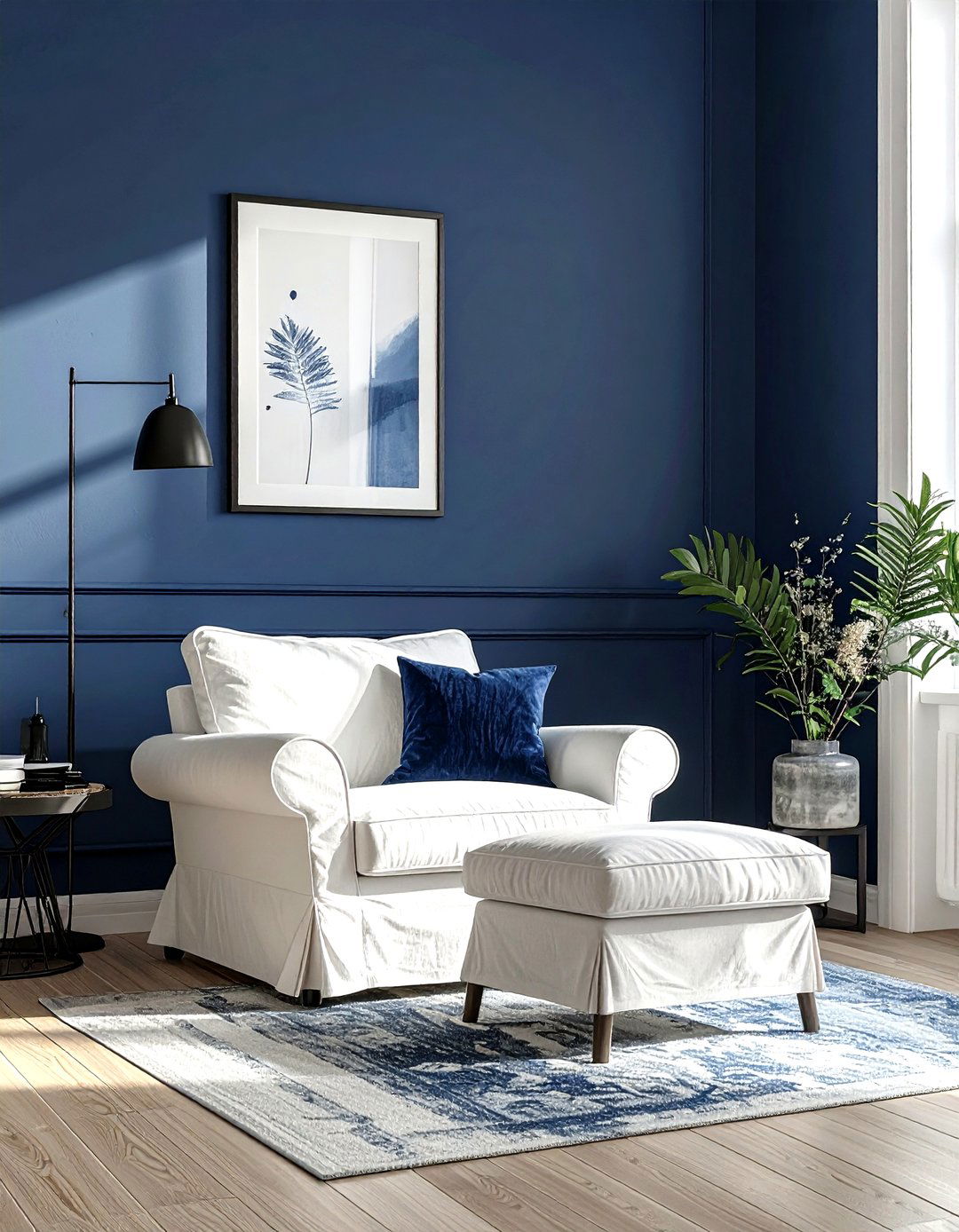 Navy blue accent wall - 30 scandinavian navy living room ideas