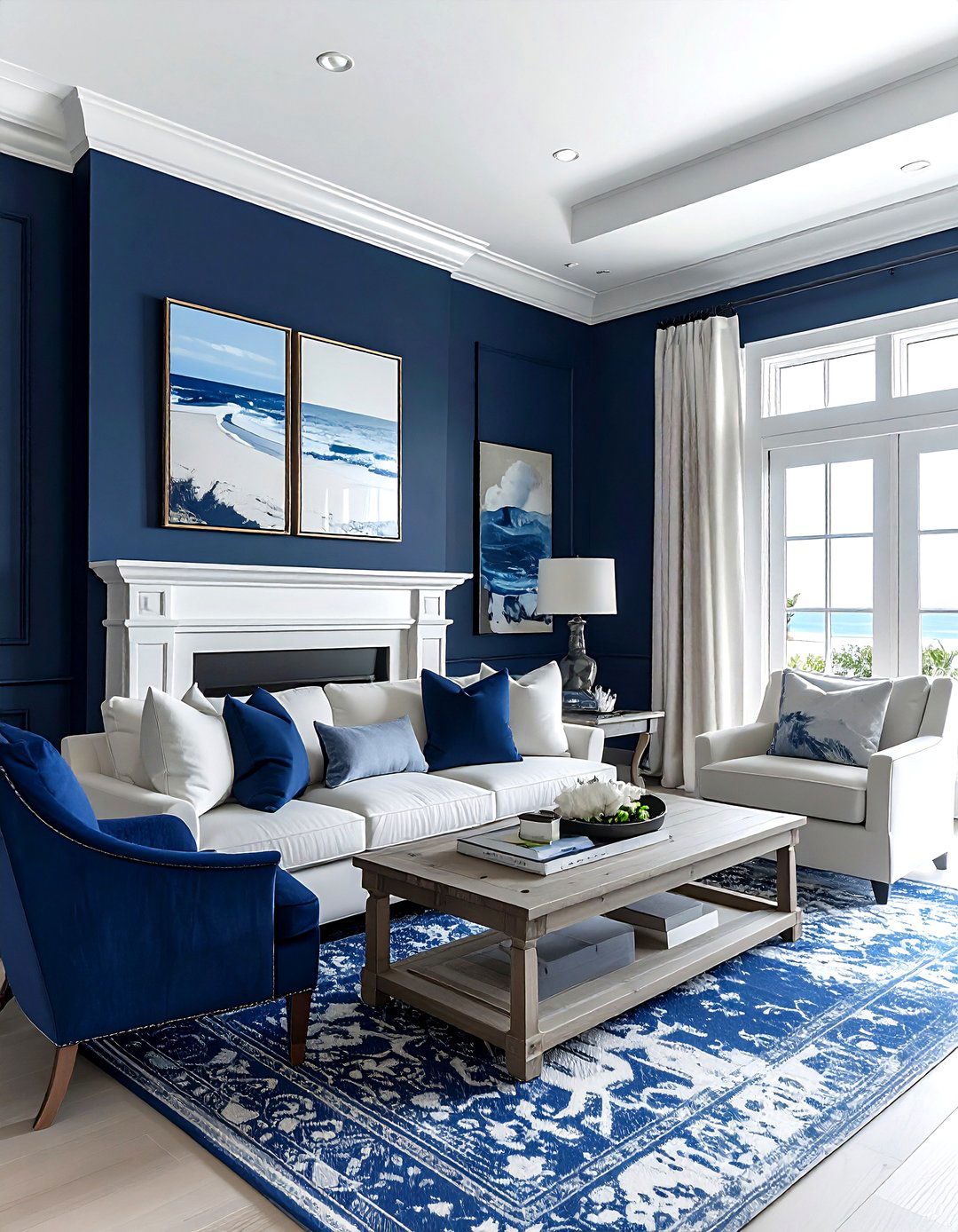 Navy blue accent wall - 30 coastal navy living room ideas