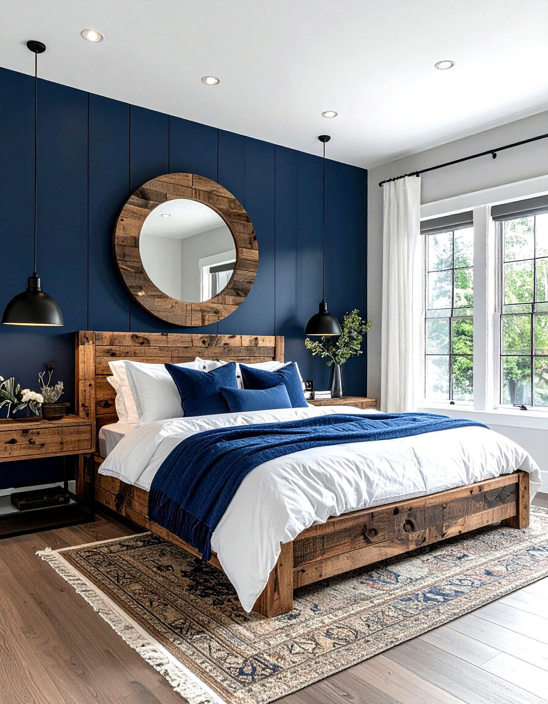 Navy blue accent wall - 30 farmhouse blue bedroom ideas