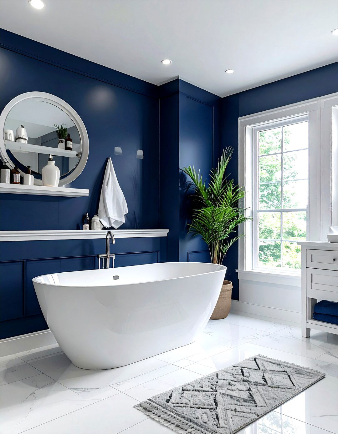 Navy blue accent wall bathroom - 30 navy and white bathroom ideas