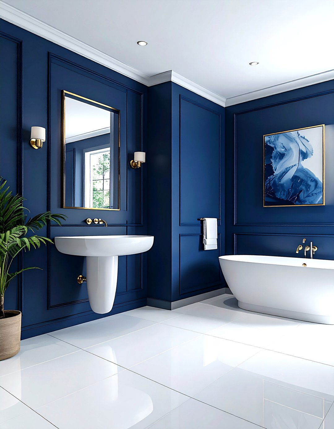Navy blue accent wall bathroom - 30 navy and gold bathroom ideas