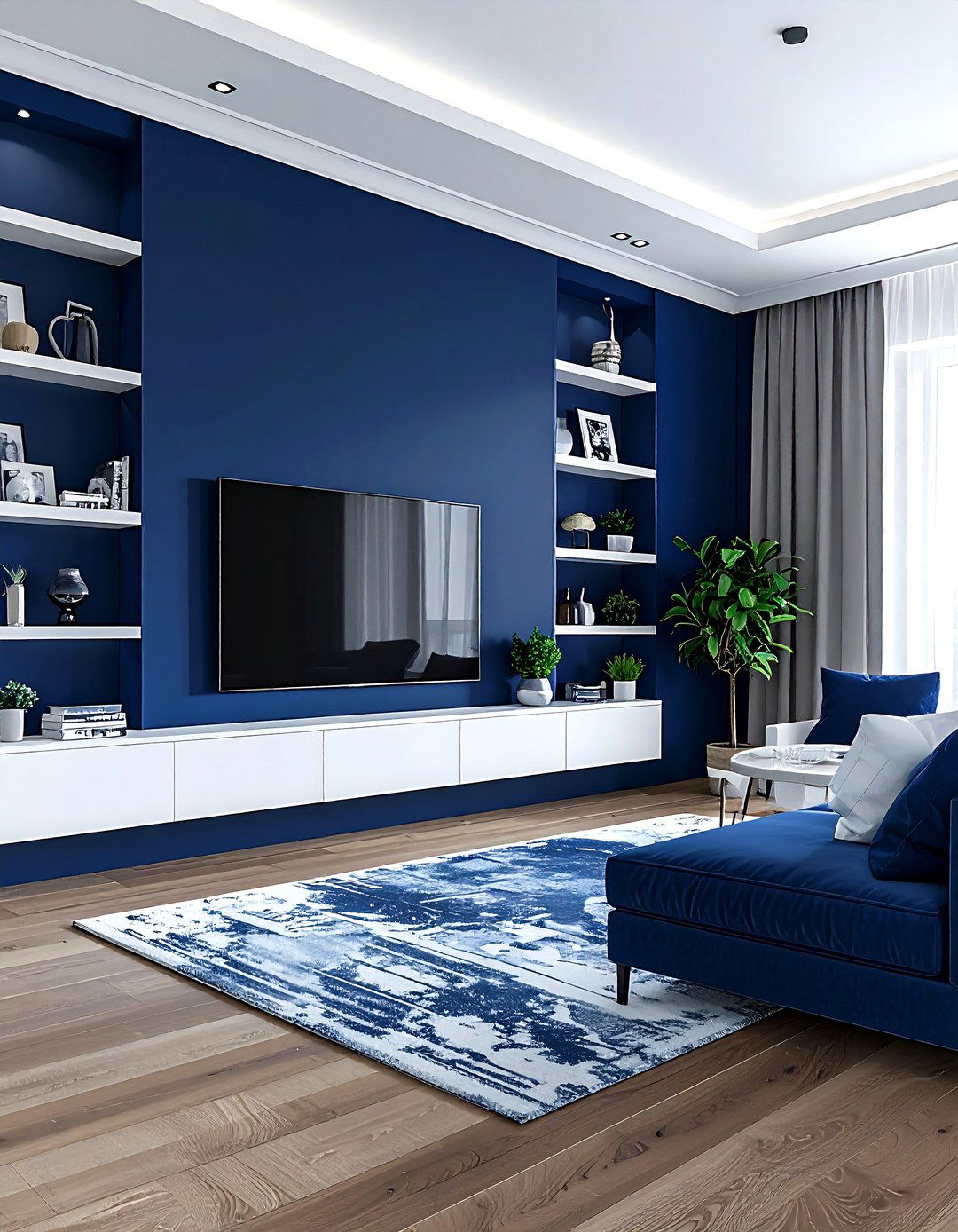 Navy blue accent wall living room - 30 navy living room decor ideas
