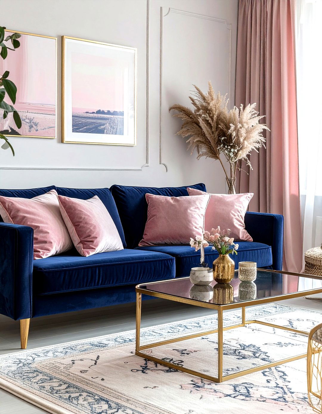 Navy blue and blush pink boho - 30 bohemian navy living room ideas
