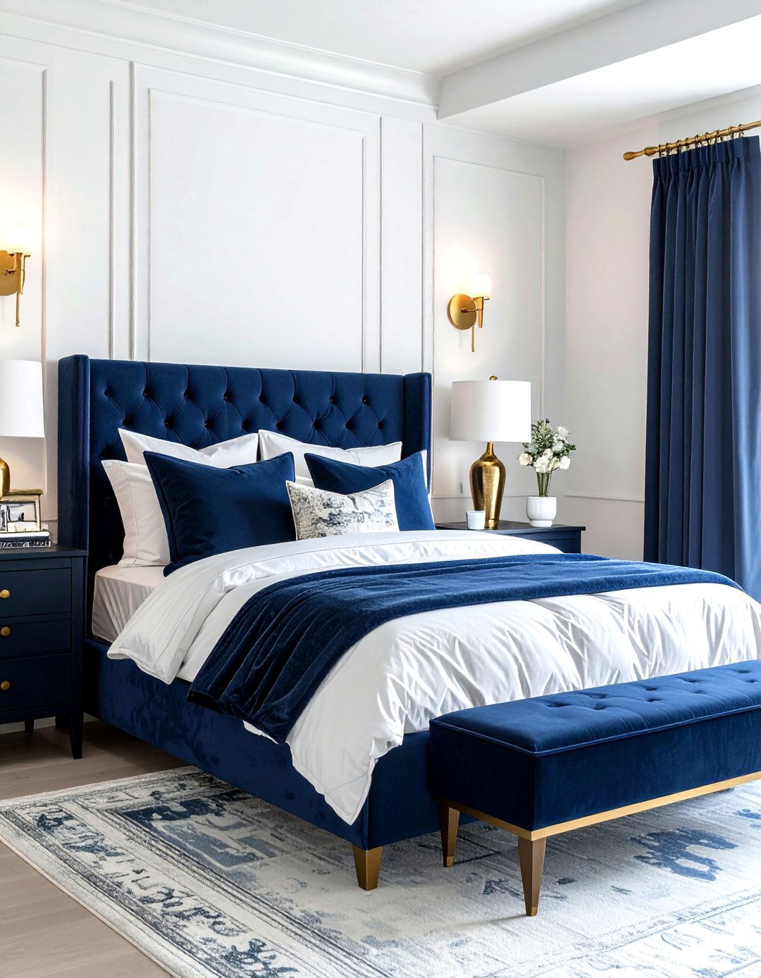 Navy blue and brass bedroom decor - 30 farmhouse navy bedroom ideas