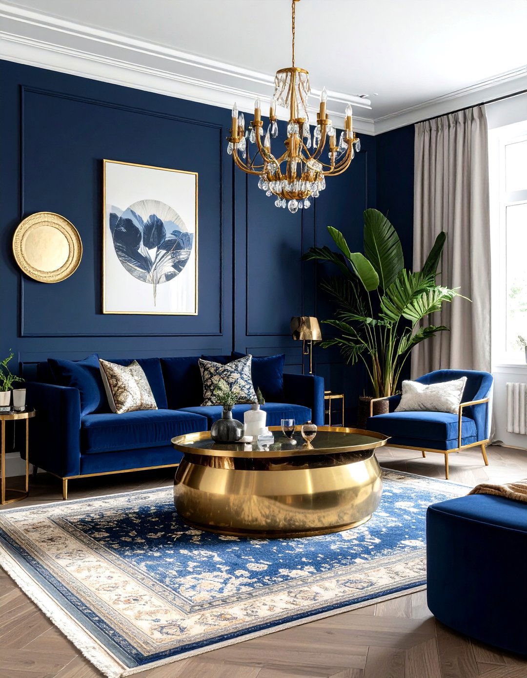 Navy blue and brass living room - 30 bohemian navy living room ideas