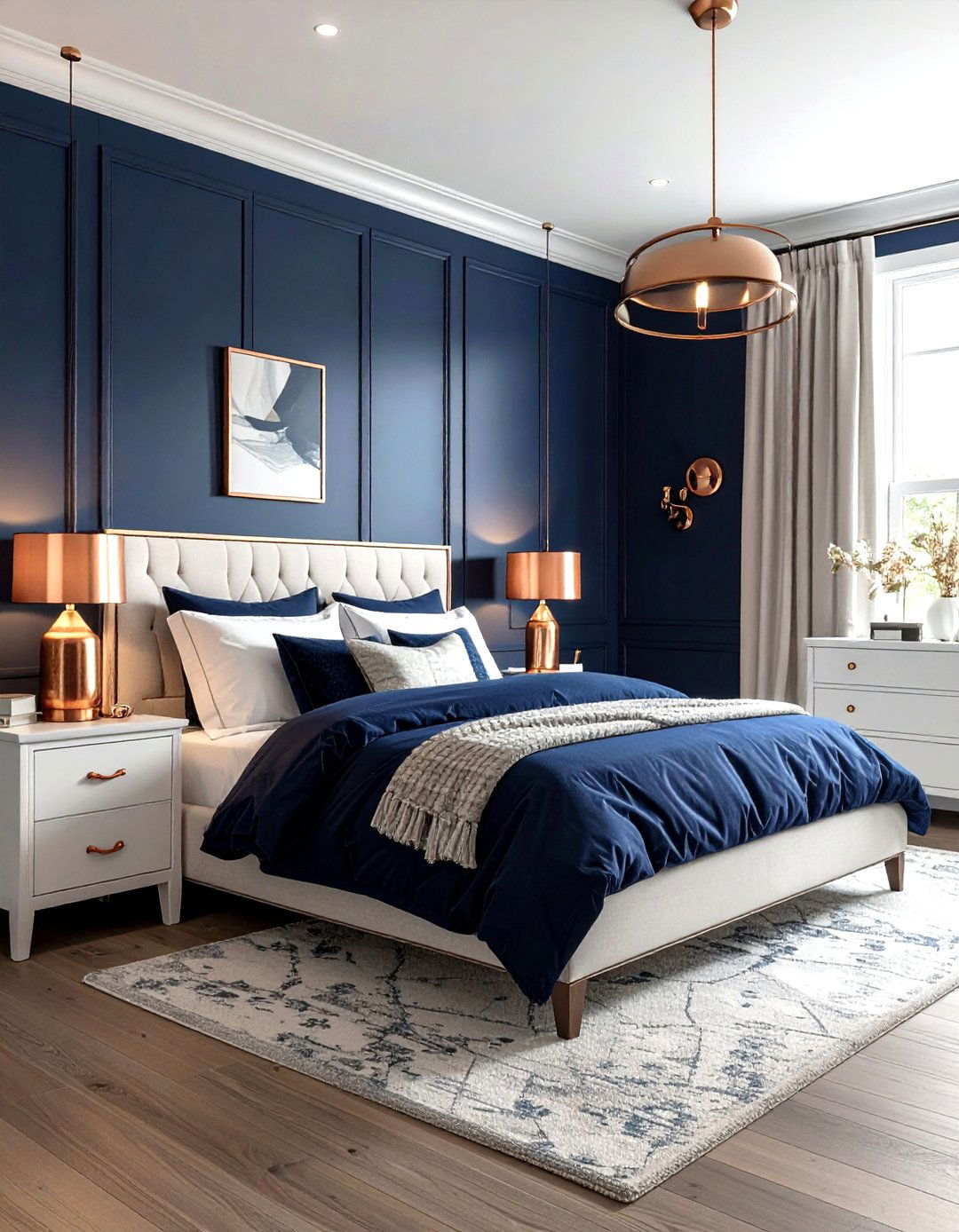 Navy blue and copper bedroom fixtures - 30 farmhouse navy bedroom ideas