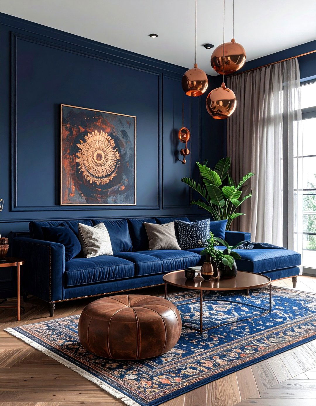 Navy blue and copper decor - 30 bohemian navy living room ideas