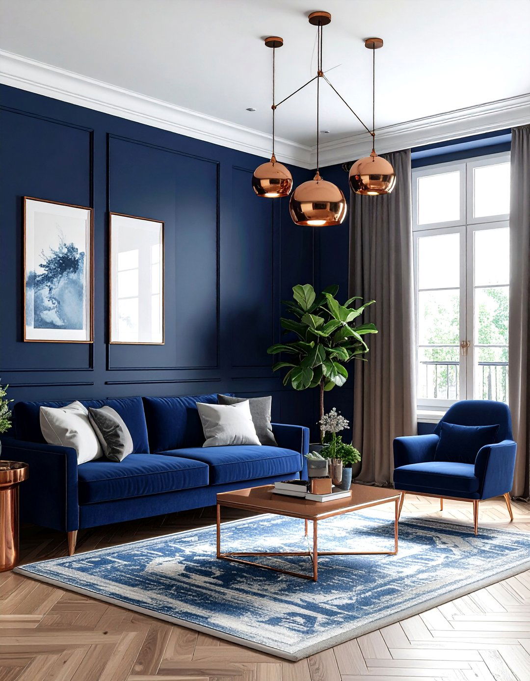 Navy blue and copper living room - 30 navy living room decor ideas