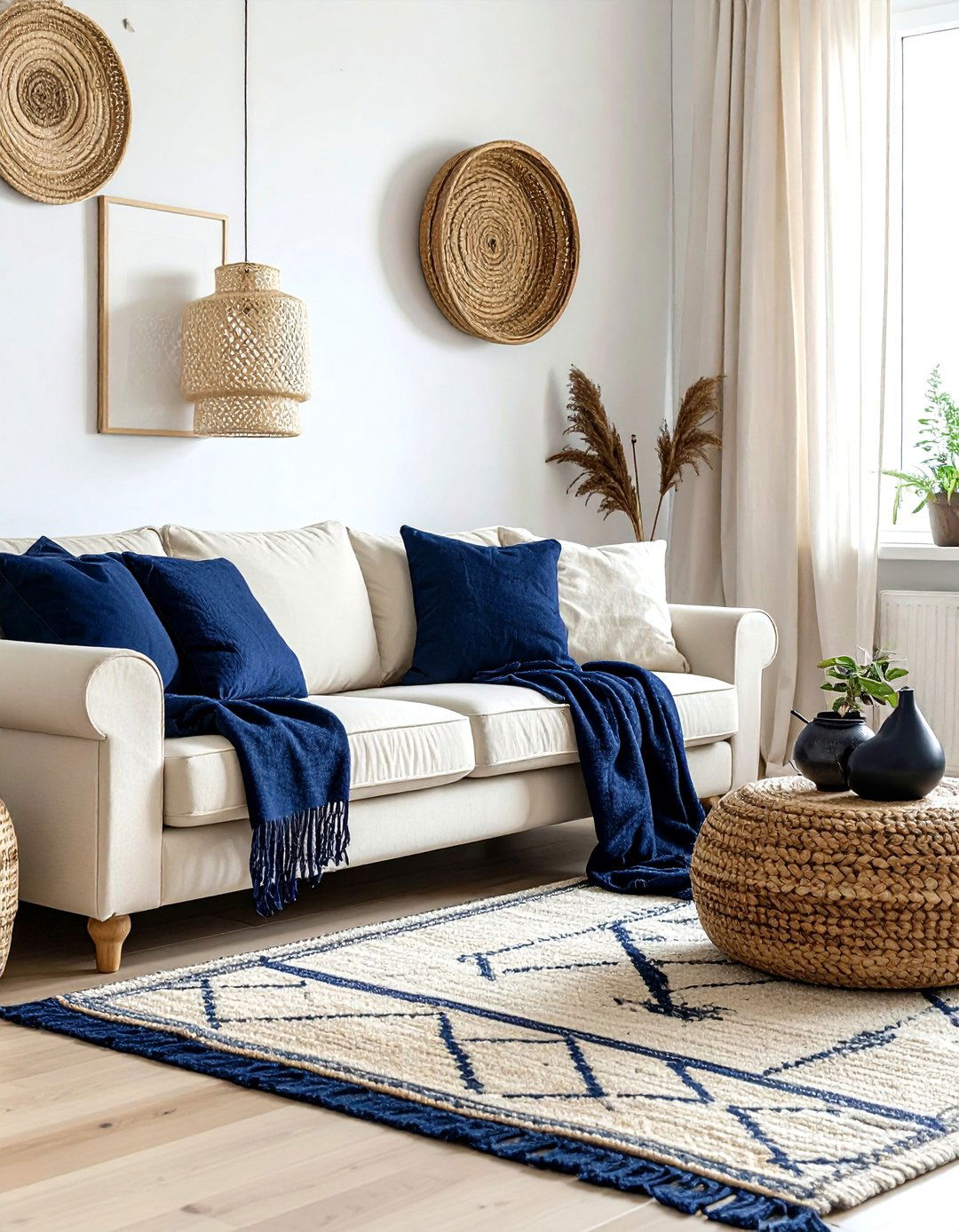 Navy blue and cream living room - 30 bohemian navy living room ideas