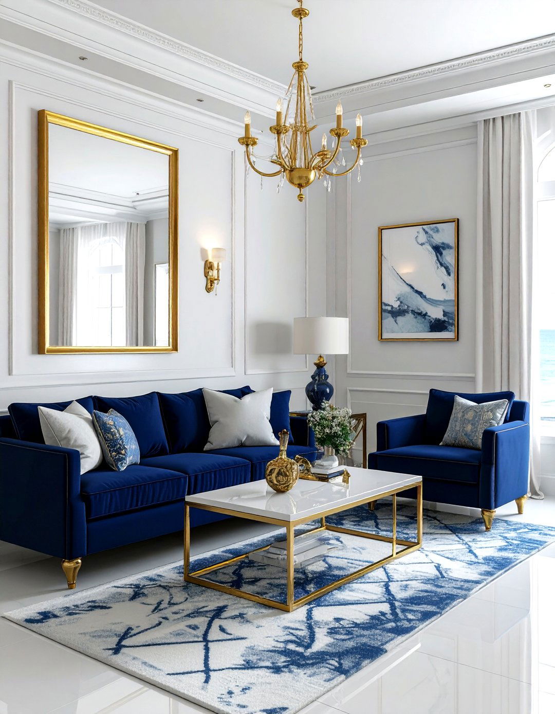 Navy blue and gold accents - 30 coastal navy living room ideas