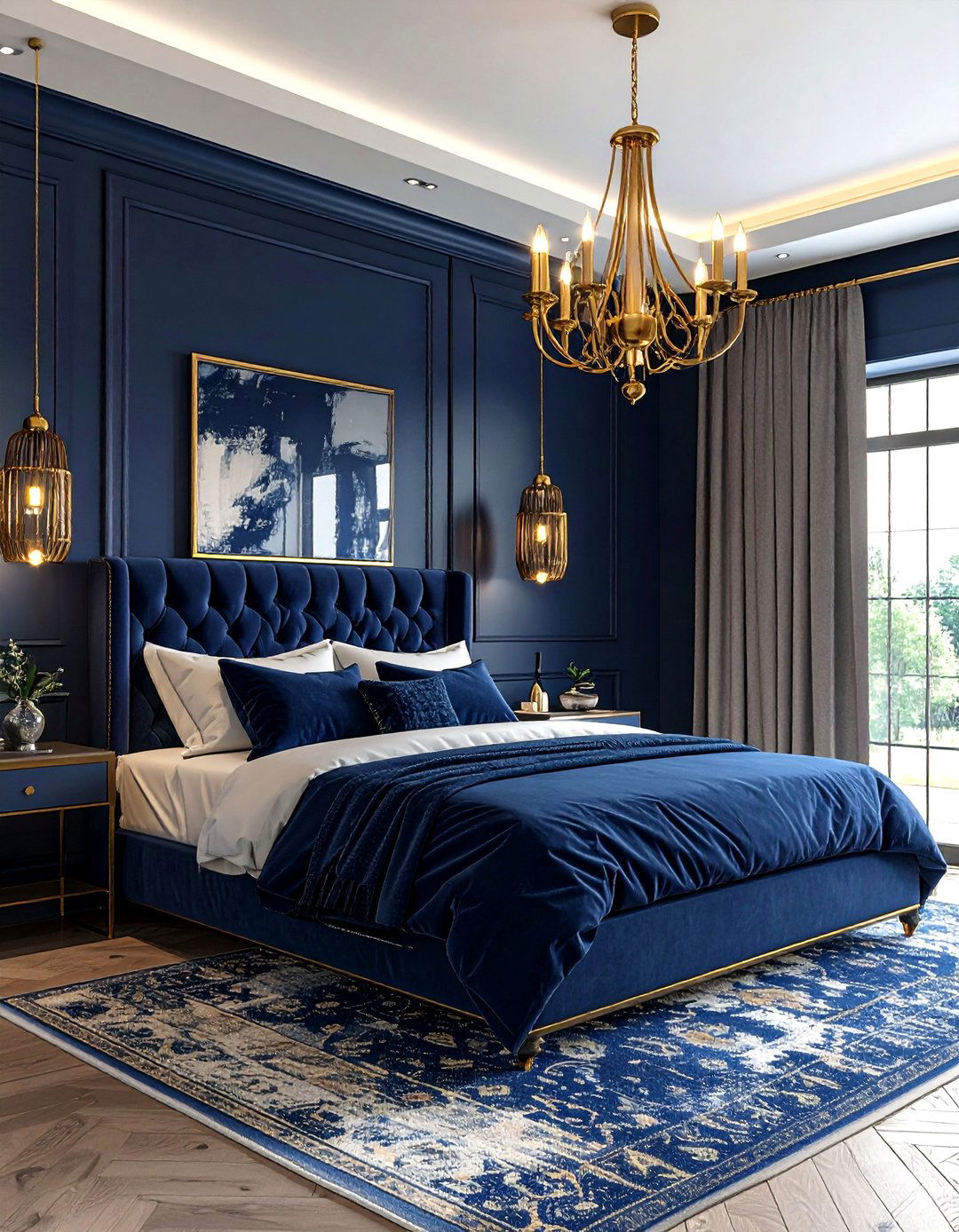 Navy blue and gold farmhouse lighting - 30 farmhouse navy bedroom ideas