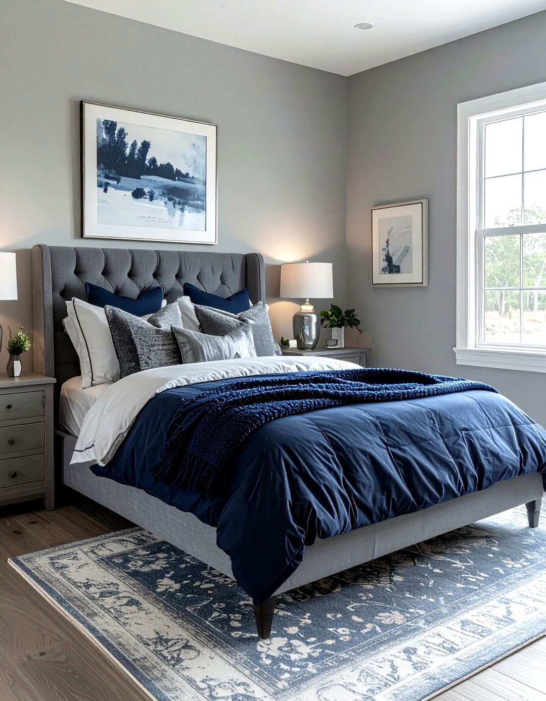 Navy blue and gray farmhouse bedroom - 30 farmhouse navy bedroom ideas