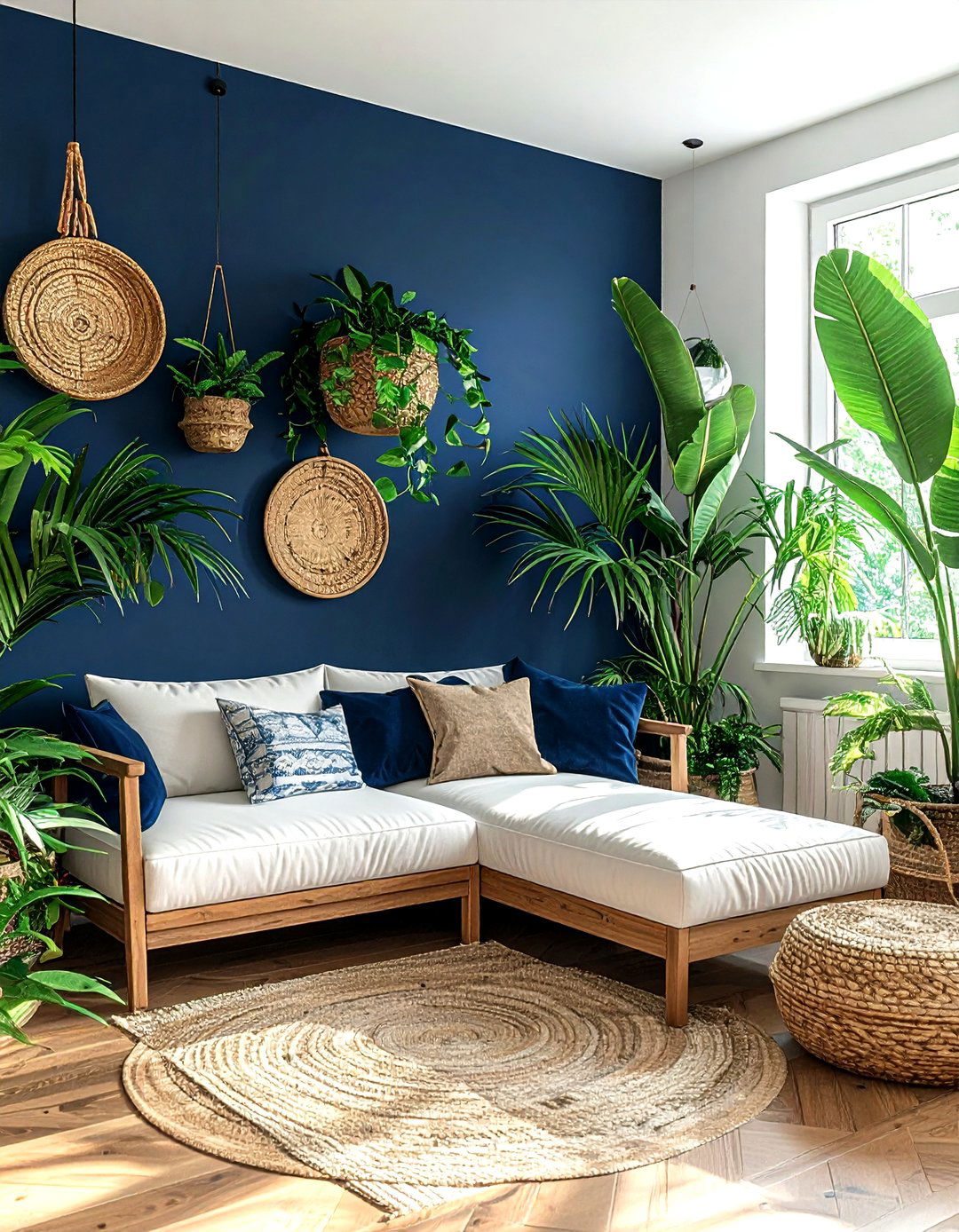 Navy blue and green plants boho - 30 bohemian navy living room ideas
