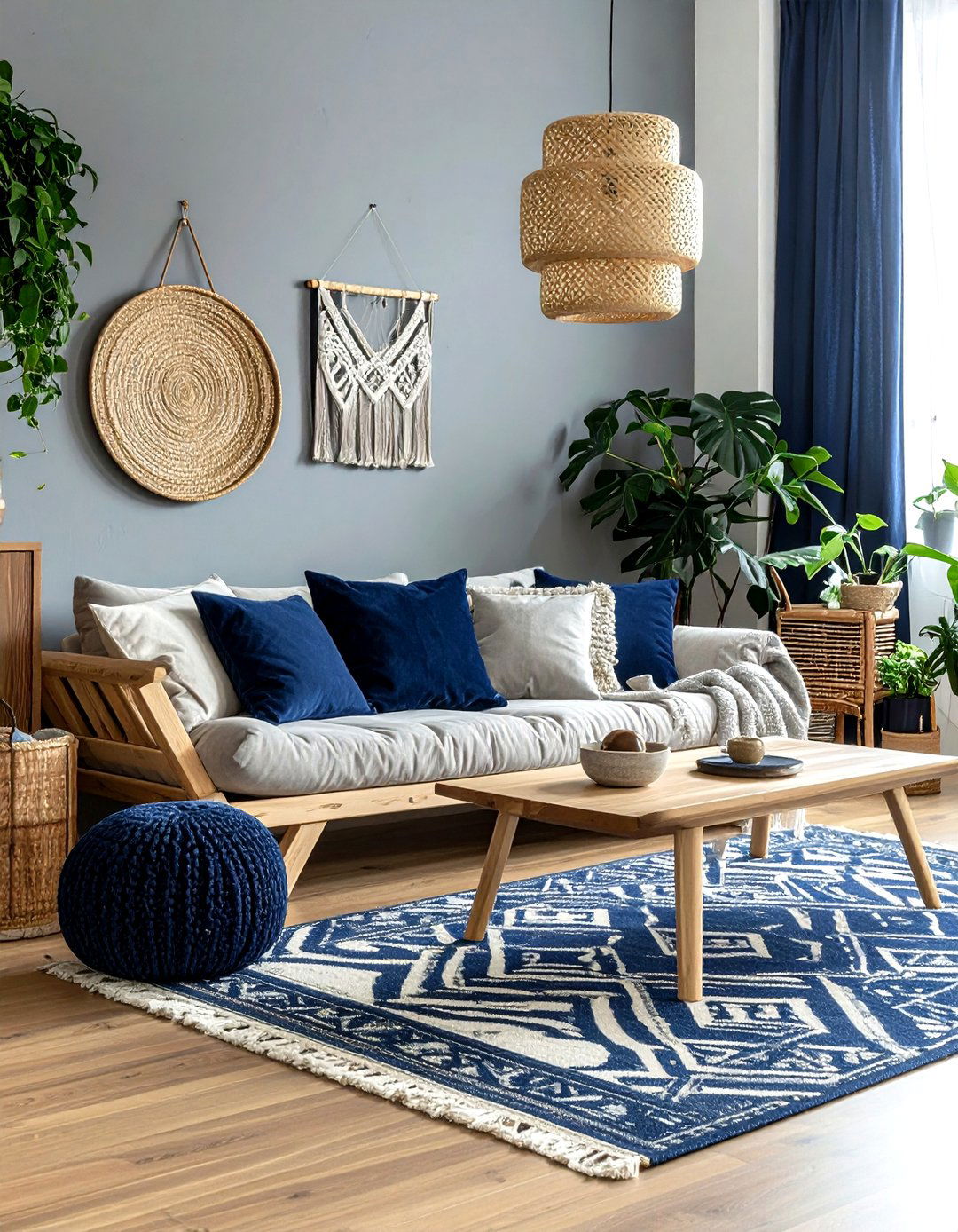 Navy blue and grey boho living room - 30 bohemian navy living room ideas