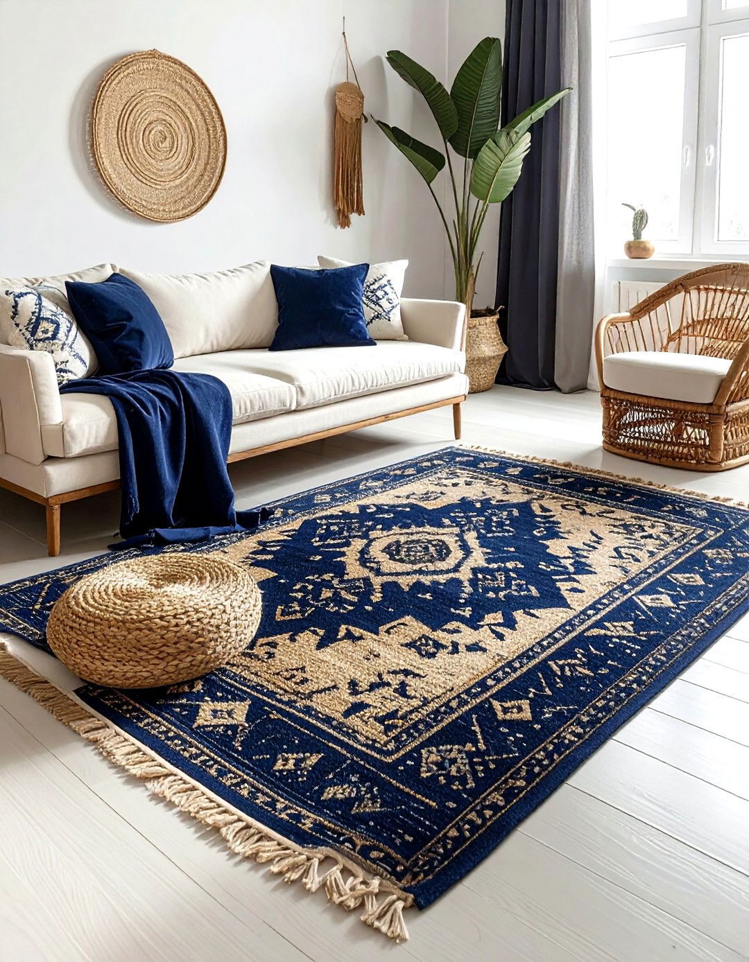 Navy blue and jute rug - 30 bohemian navy living room ideas