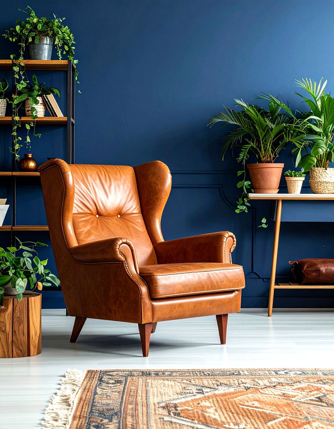 Navy blue and leather boho - 30 bohemian navy living room ideas