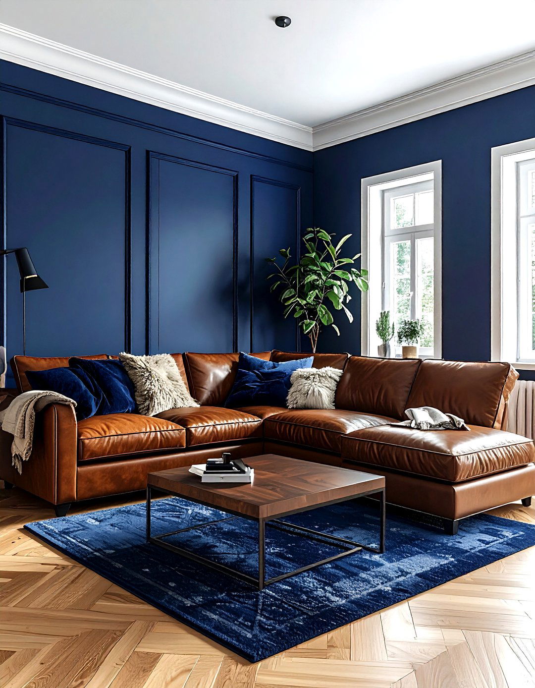 Navy blue and leather living room - 30 navy living room decor ideas