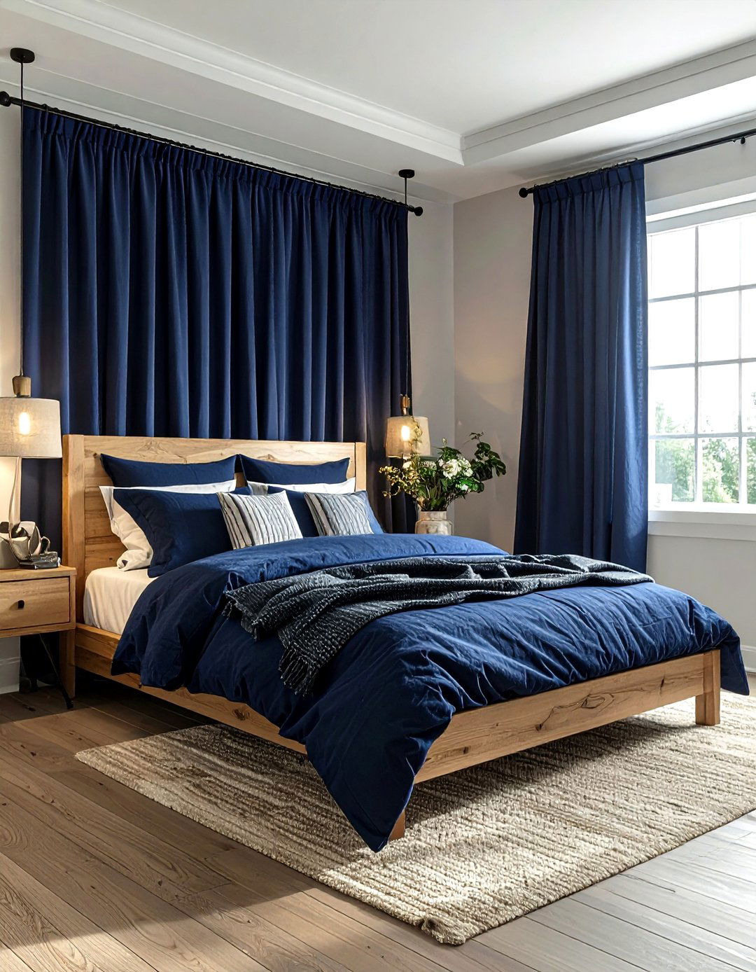 Navy blue and linen bedroom textiles - 30 farmhouse navy bedroom ideas