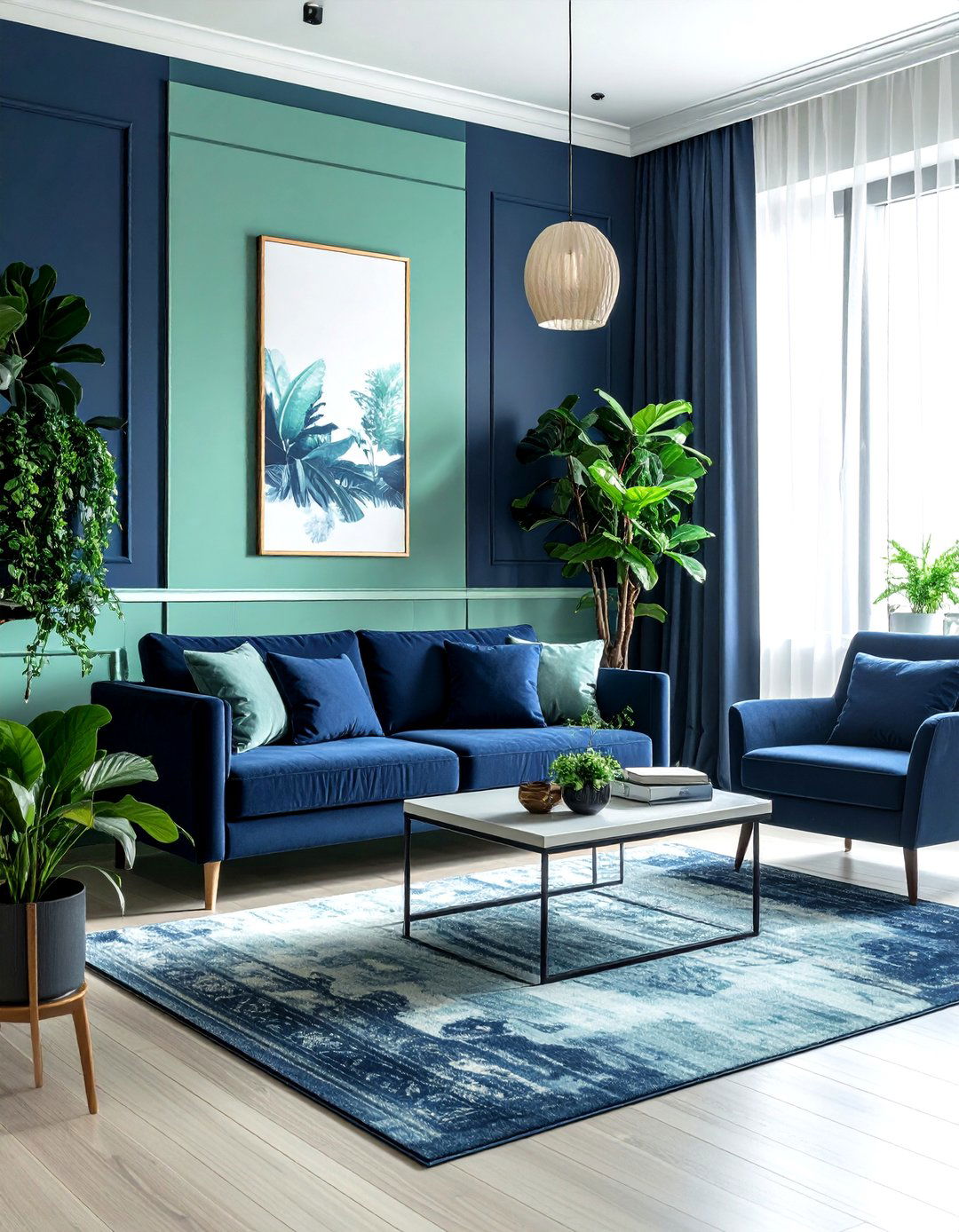 Navy blue and mint green living room - 30 navy living room decor ideas