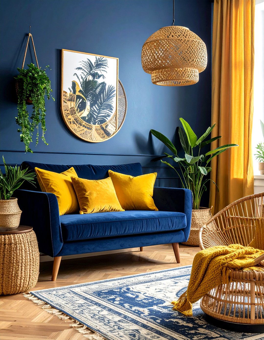 Navy blue and mustard yellow boho - 30 bohemian navy living room ideas
