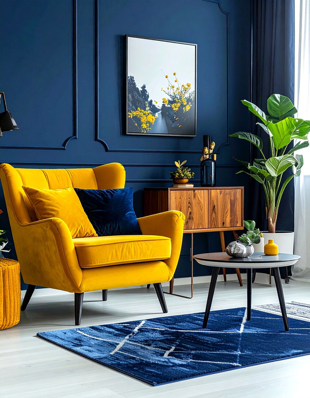 Navy blue and mustard yellow living room - 30 navy living room decor ideas
