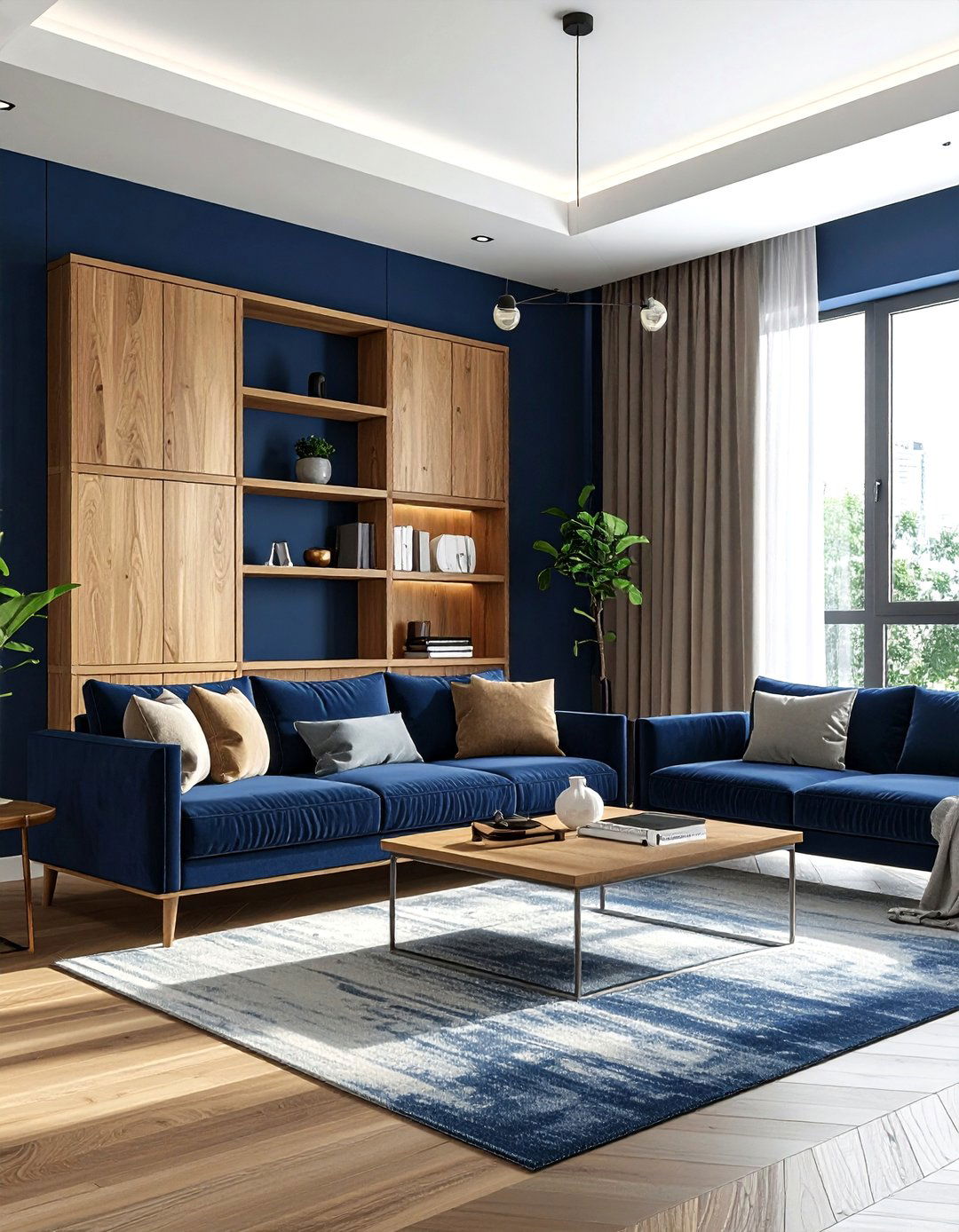 Navy blue and oak living room - 30 navy living room decor ideas