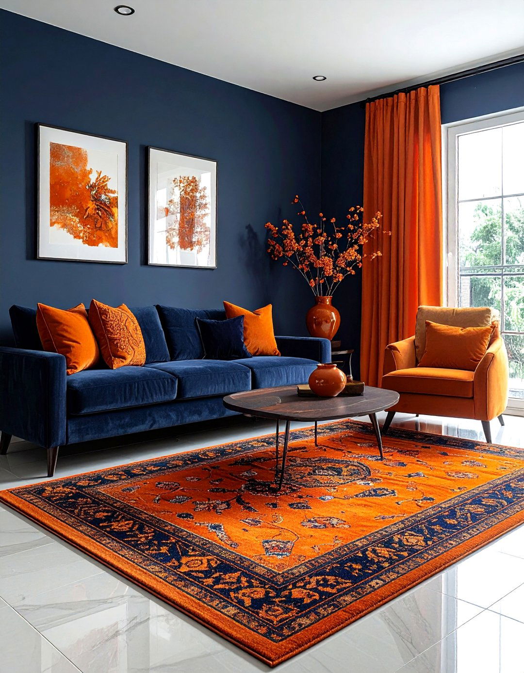 Navy blue and orange living room - 30 navy living room decor ideas