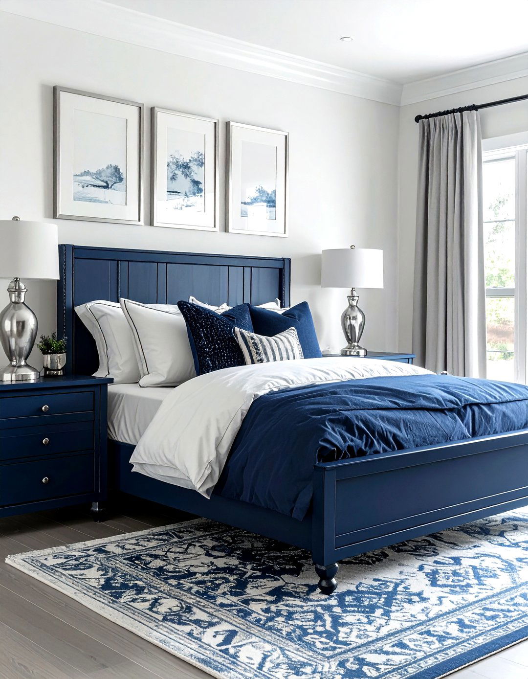Navy blue and silver farmhouse hardware - 30 farmhouse navy bedroom ideas
