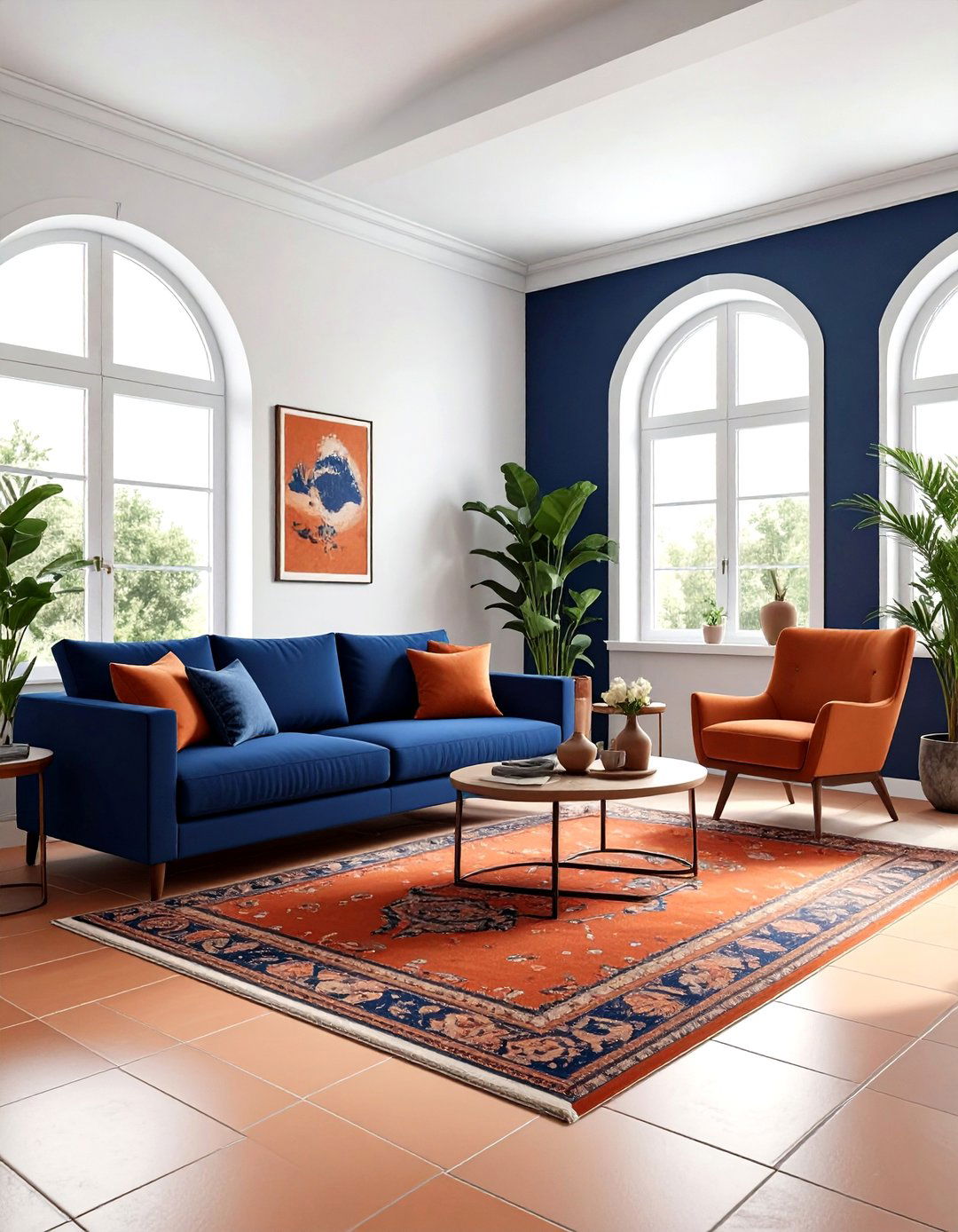 Navy blue and terracotta living room - 30 navy living room decor ideas