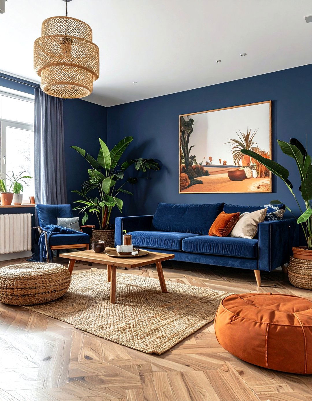 Navy blue and terracotta living room - 30 bohemian navy living room ideas