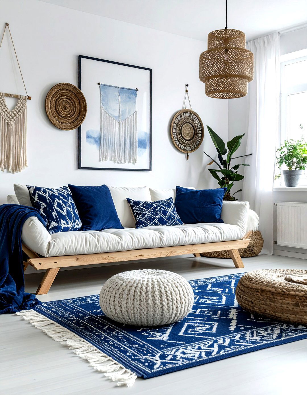 Navy blue and white boho - 30 bohemian navy living room ideas