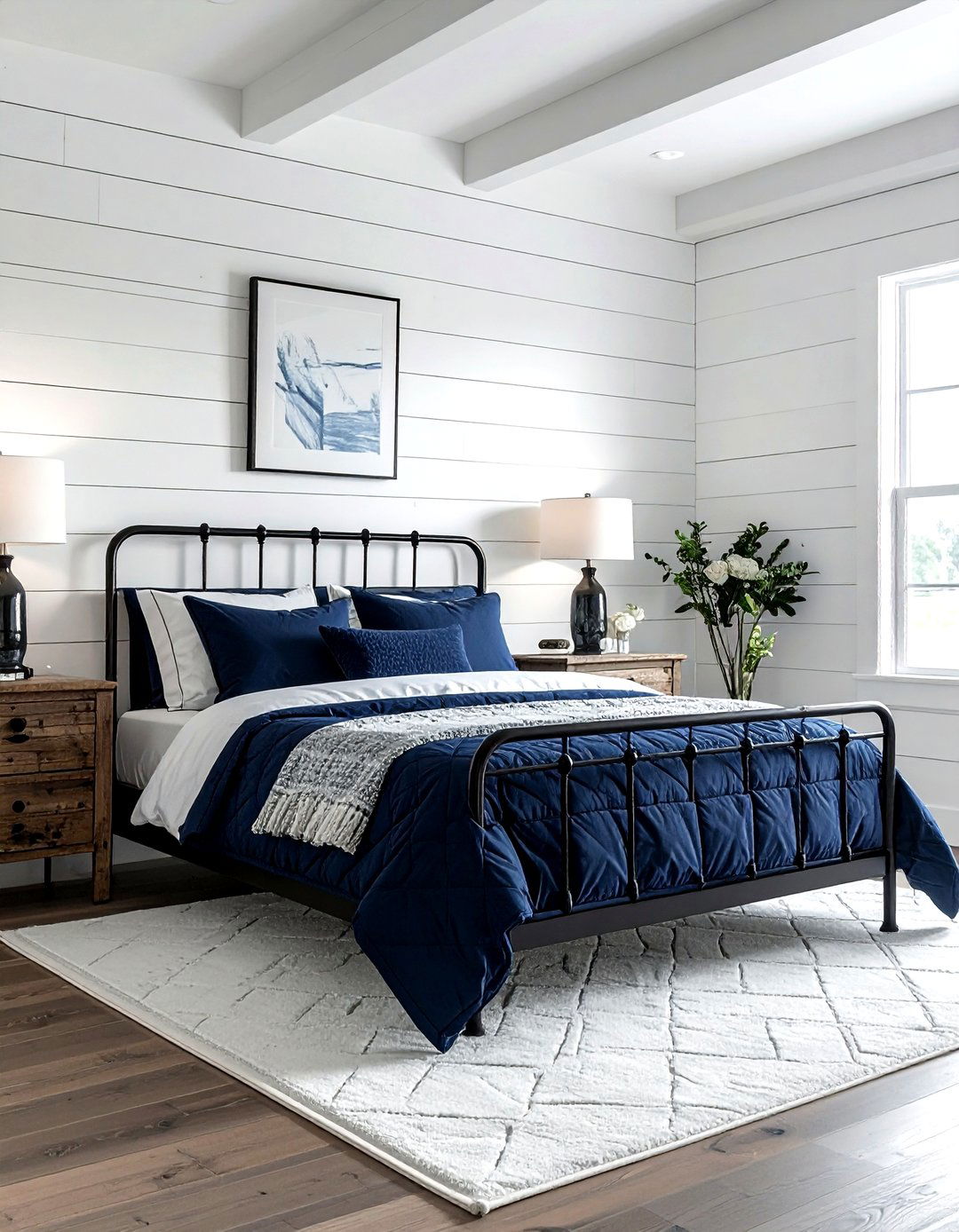 Navy blue and white farmhouse bedroom - 30 navy and white bedroom ideas