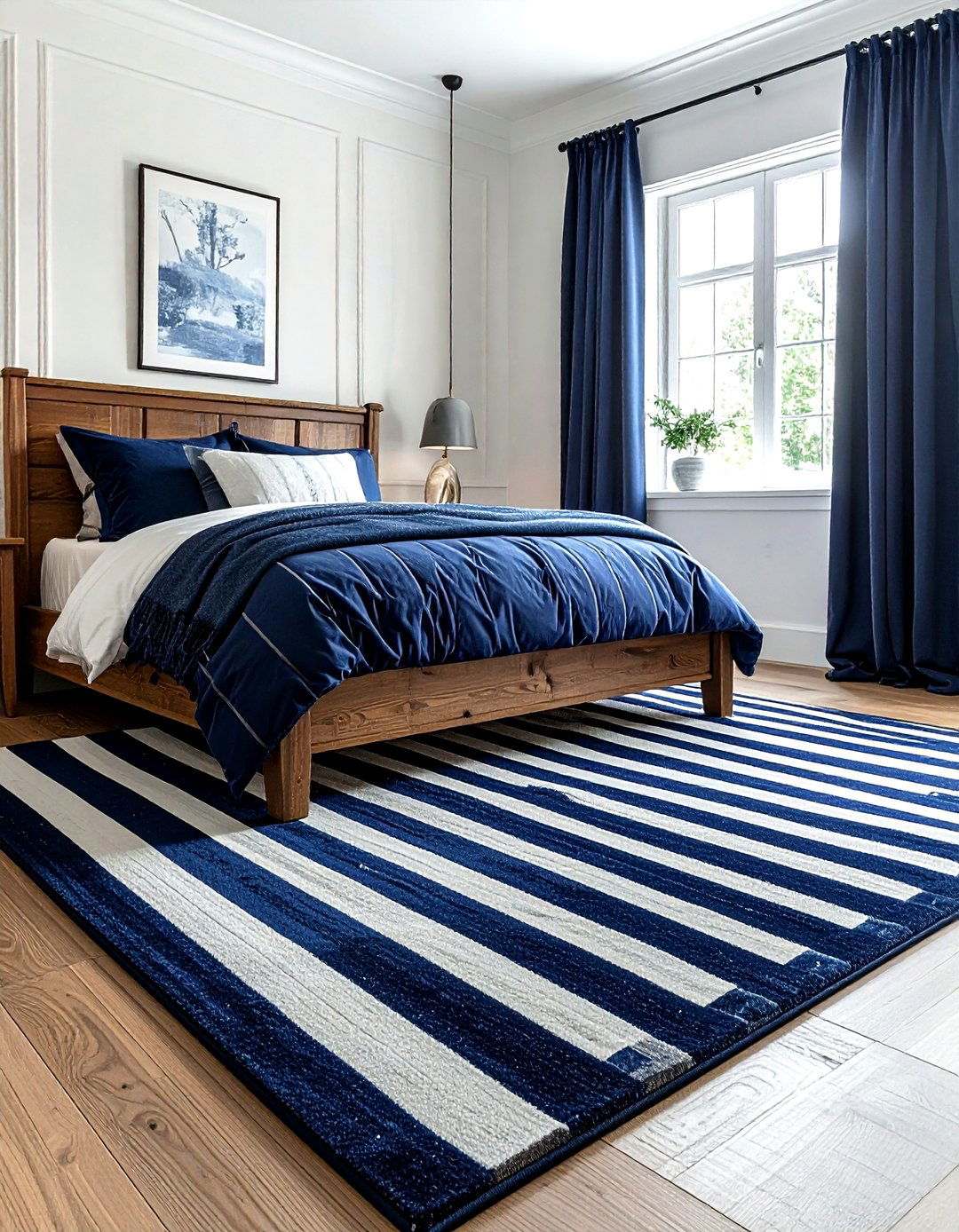 Navy blue and white striped rug - 30 farmhouse navy bedroom ideas