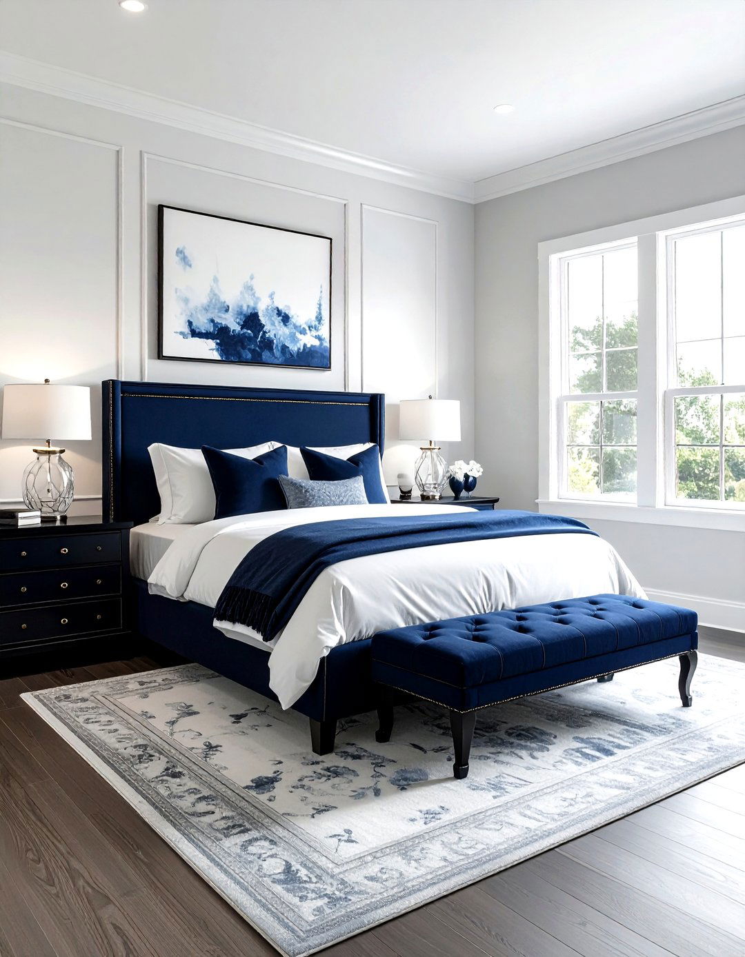 Navy blue and white transitional bedroom - 30 navy and white bedroom ideas