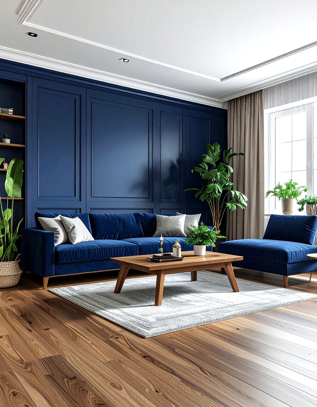 Navy blue and wood living room - 30 navy living room decor ideas