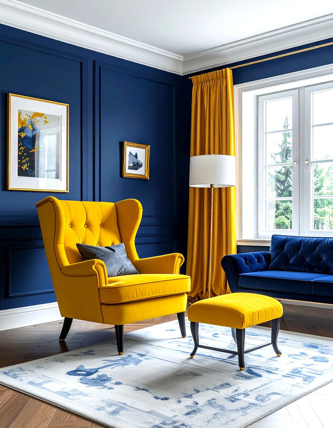 Navy blue and yellow living room - 30 yellow living room decor ideas